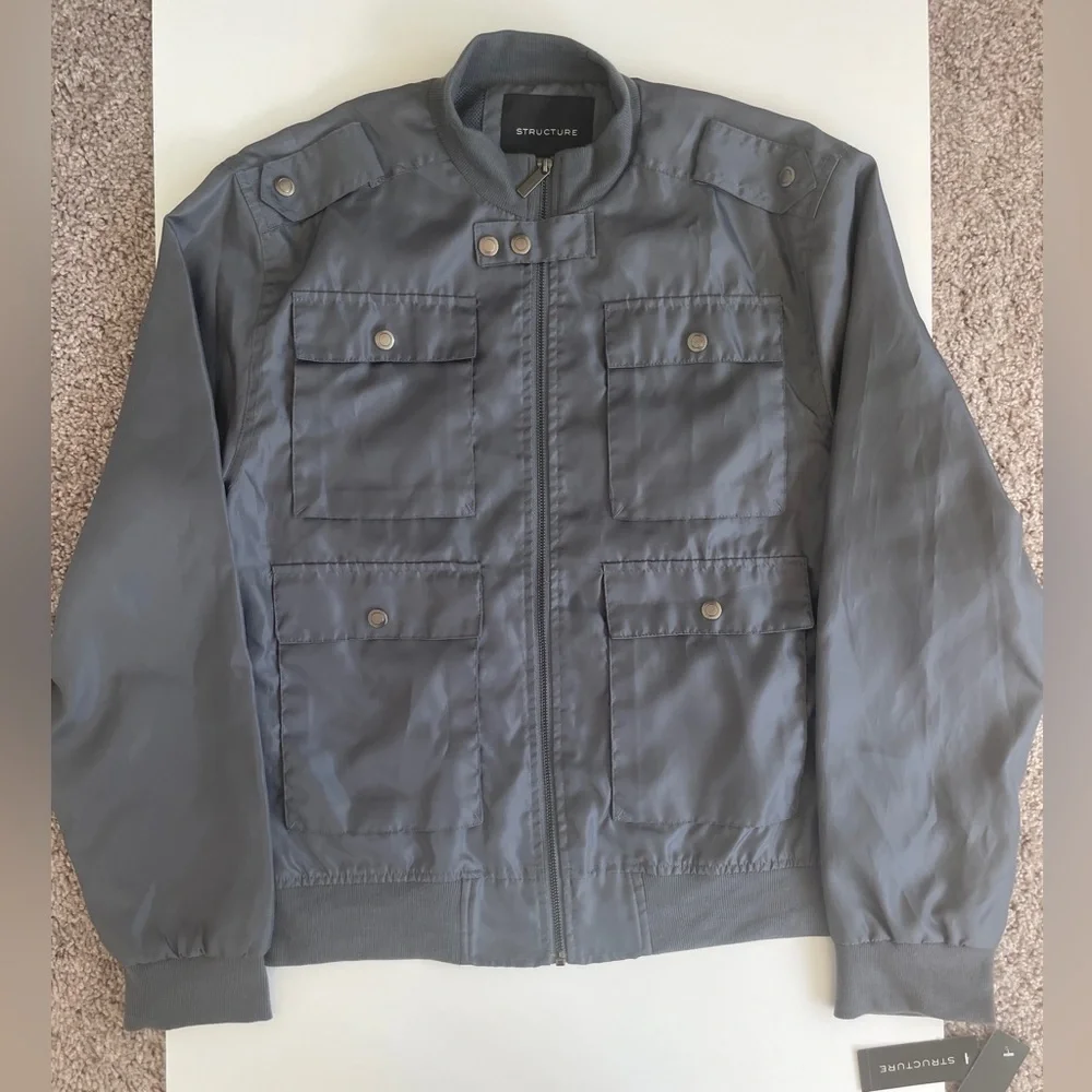 Y2K 90’s Structure Military Jacket Men's Full‎ Zip Charcoal Gray Sz L Normacore